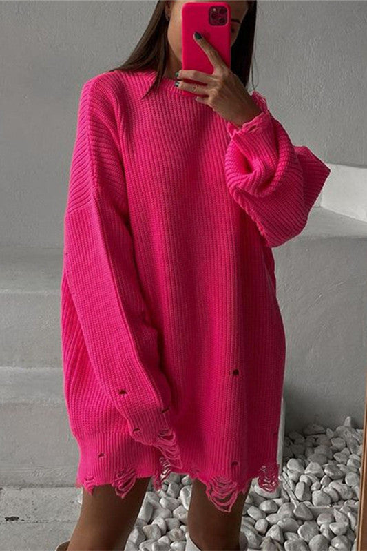 GR Ripped O Neck Oversized Sweater Kleid