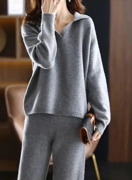 GR - 2 Stück Set Ladies Oversized Trainingsanzug Polo Kragen Pullover und Hose