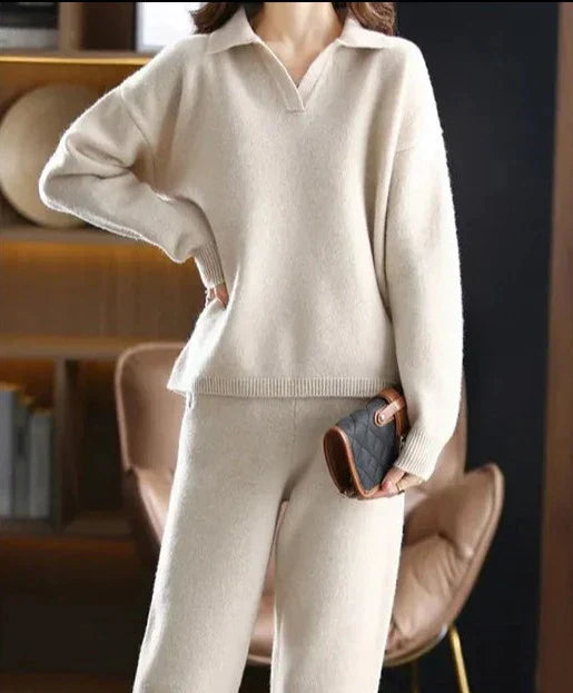 GR - 2 Stück Set Ladies Oversized Trainingsanzug Polo Kragen Pullover und Hose