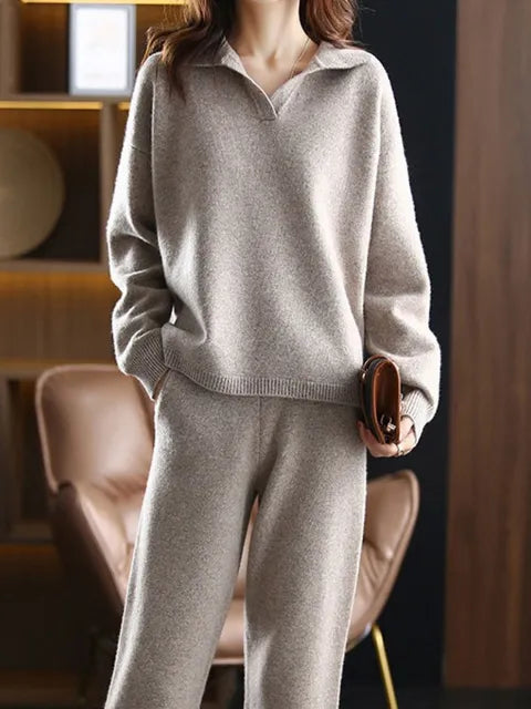GR - 2 Stück Set Ladies Oversized Trainingsanzug Polo Kragen Pullover und Hose