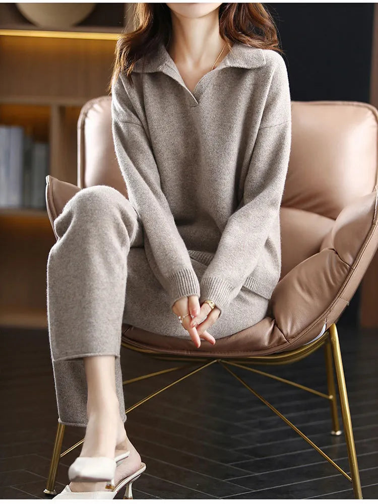 GR | 2-Teiliges Set Für Damen Mit Oversize Trainingsanzug, Polokragen, Pullover Und Hose