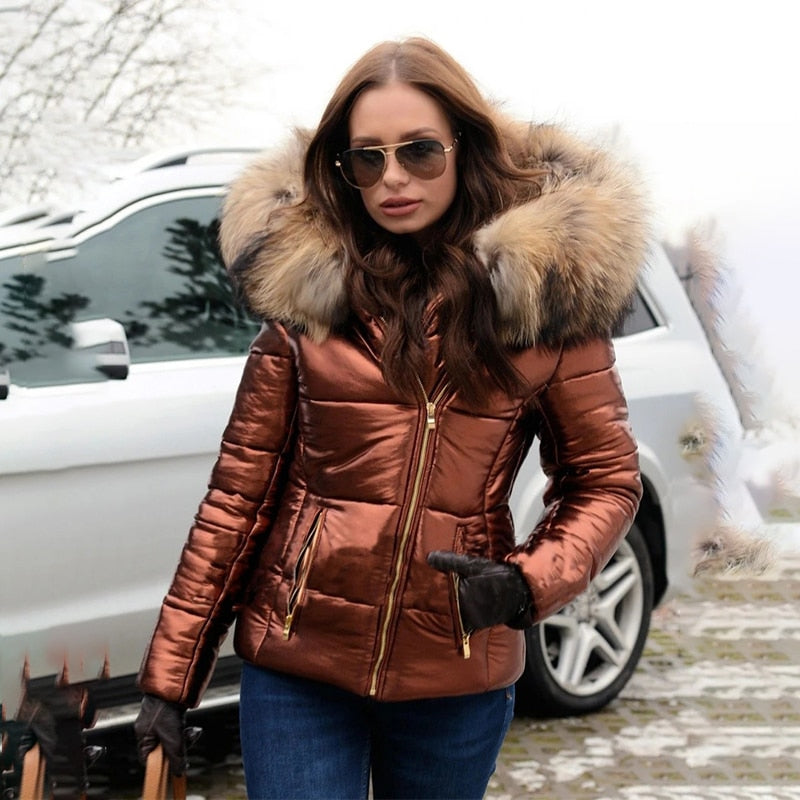 GR - Fashionable, lined jacket with hood and faux fur collar