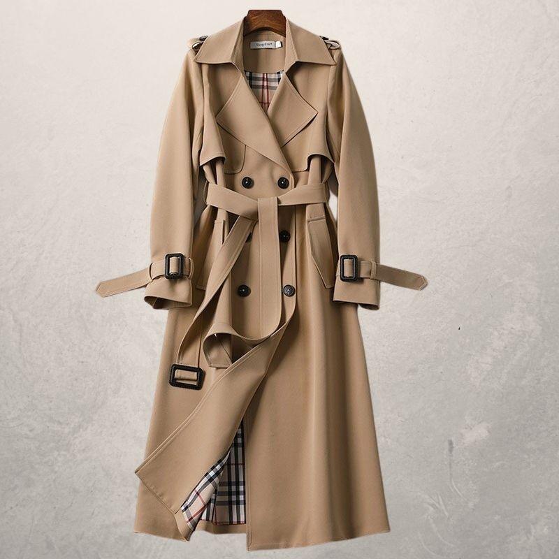 GR | Long trench coat, classic cut, double-breasted with belt and storm flap