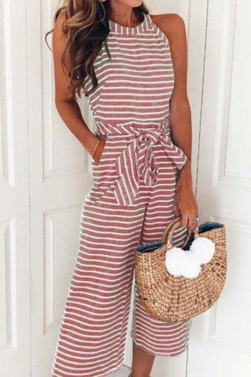 GR | Rosiedress Round Neck Sleeveless Striped Bow Braided Wide Fit Jumpsuit