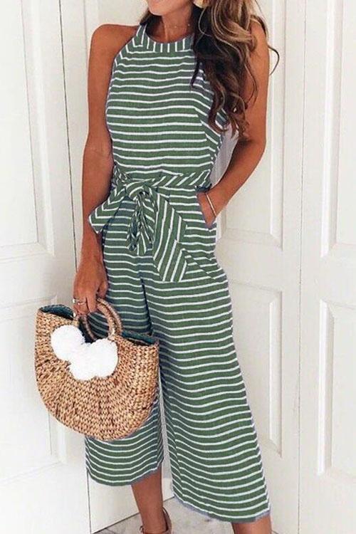 GR | Rosiedress Round Neck Sleeveless Striped Bow Braided Wide Fit Jumpsuit