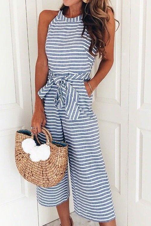 GR | Rosiedress Round Neck Sleeveless Striped Bow Braided Wide Fit Jumpsuit