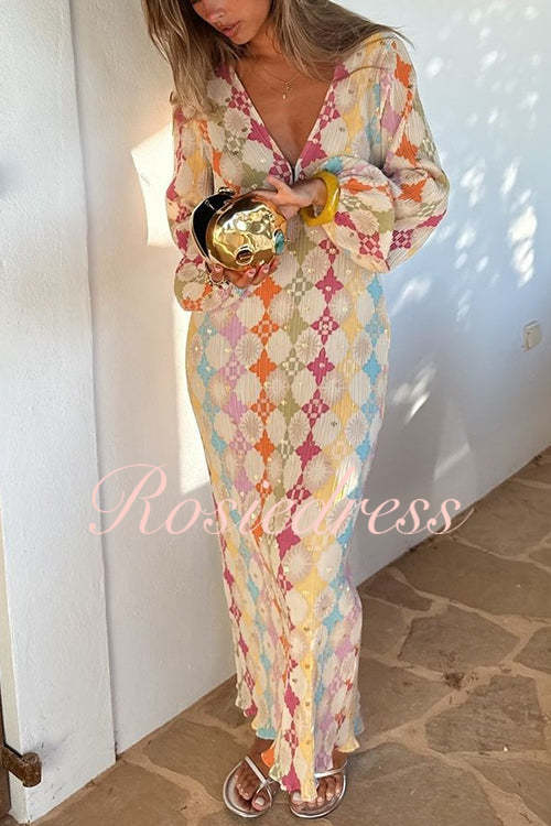 GR | Rosiedress V-neck lantern sleeve geometric print maxi dress