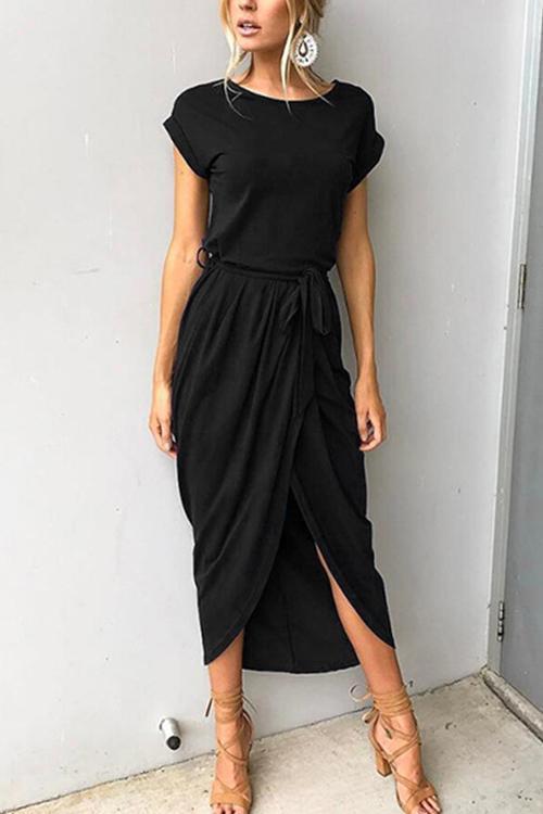 GR | Rosiedress Kurzarm Tie Waist Schlitz Midi Kleid