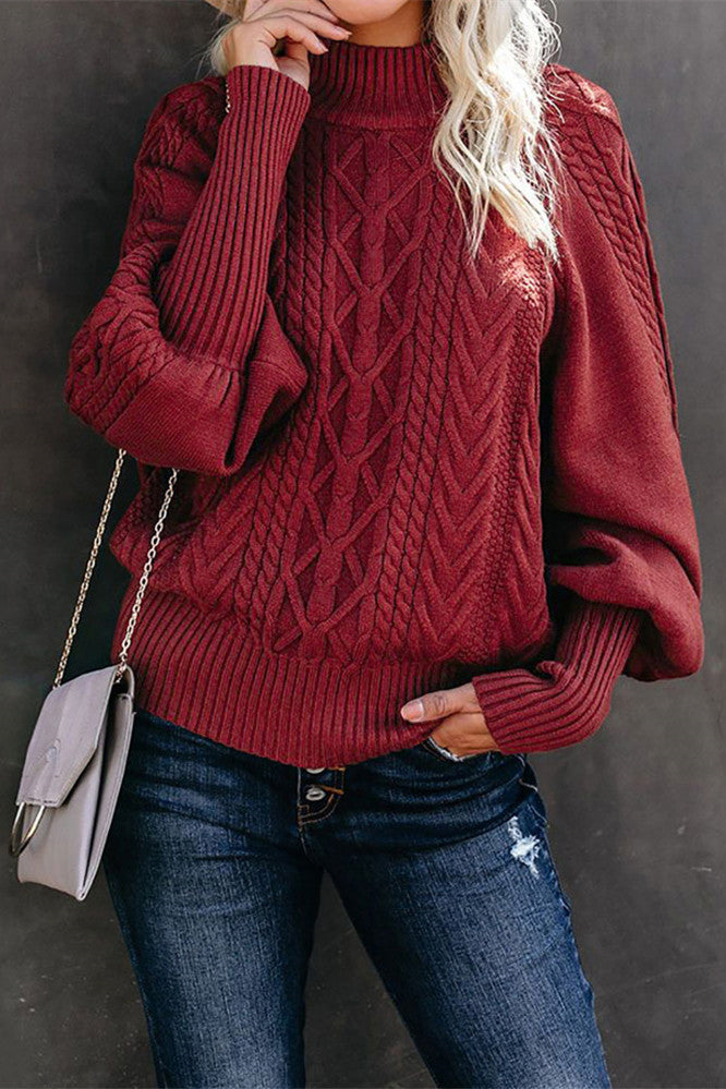 GR Mid-High Neck Cable Knit Pullover Sweater