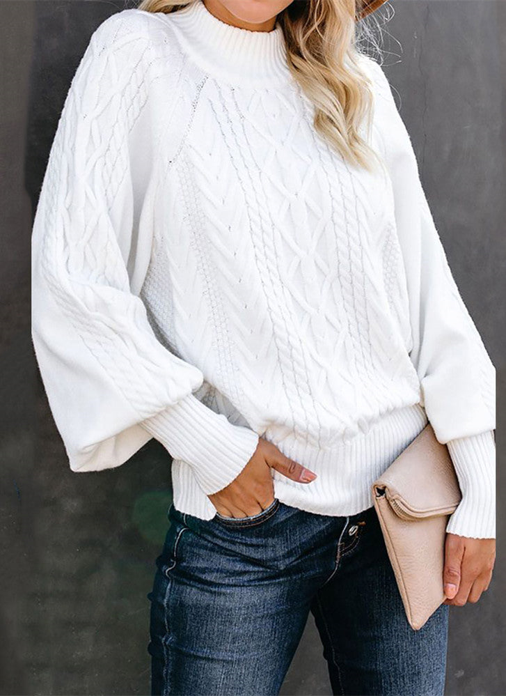 GR Mid-High Neck Cable Knit Pullover Sweater