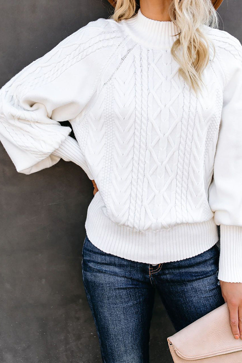 GR Mid-High Neck Cable Knit Pullover Sweater