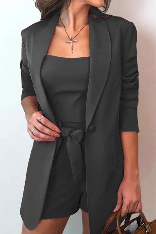 GR | Rosiedress Square Collar Top and One-Button Cardigans Fitted Shorts Three Pieces 