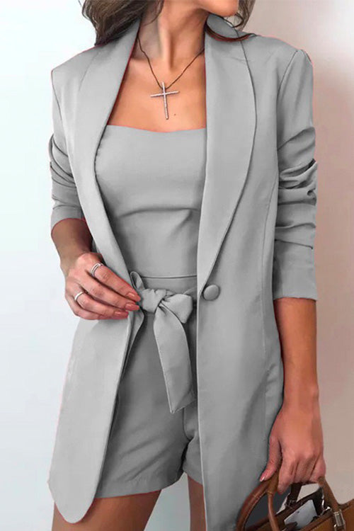 GR | Rosiedress Square Collar Top and One-Button Cardigans Fitted Shorts Three Pieces 