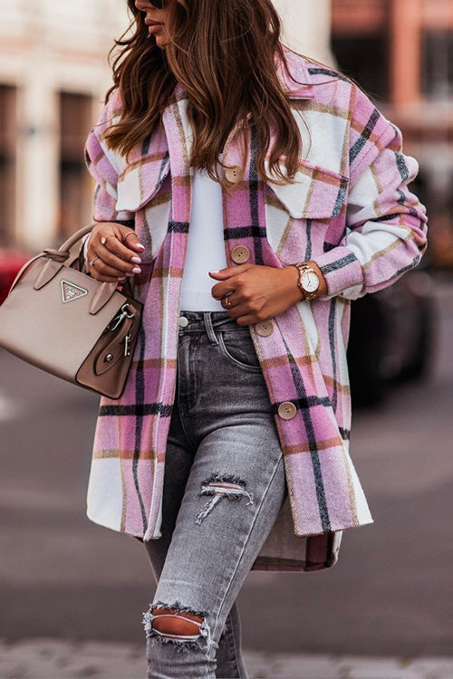 GR | Rosiedress Casual Lapel Button Down Pockets Check Cardigans