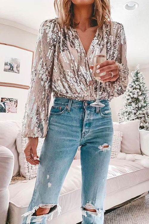 GR | Rosiedress Stylish V-Neck Long Sleeve Sequin Splice Top