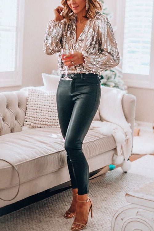 GR | Rosiedress Stylish V-Neck Long Sleeve Sequin Splice Top