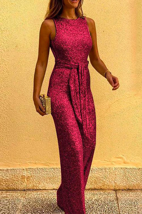 GR | Rosiedress Round Neck Sleeveless Sequin Jumpsuit with Tie Belt