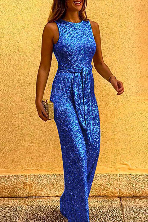 GR | Rosiedress Round Neck Sleeveless Sequin Jumpsuit with Tie Belt