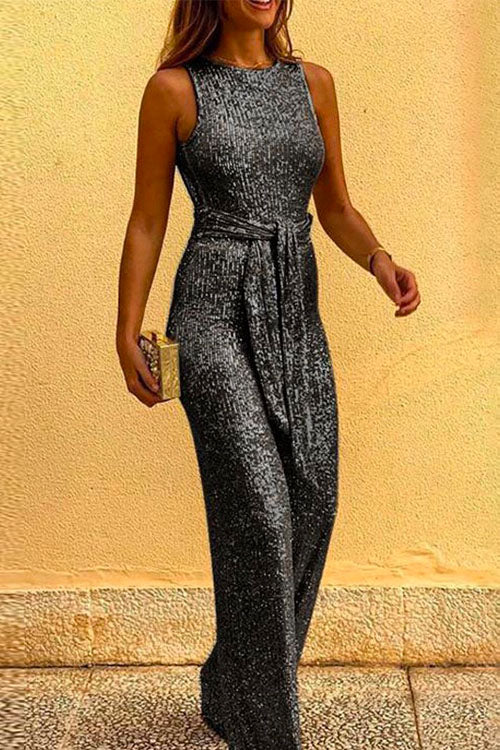 GR | Rosiedress Round Neck Sleeveless Sequin Jumpsuit with Tie Belt