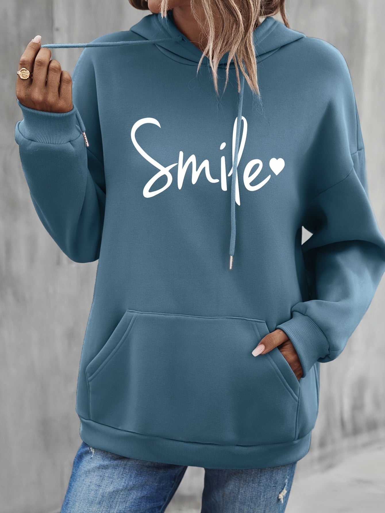 GR | gemütlicher Smile Print Hoodie mit Kordelzug für Frauen
