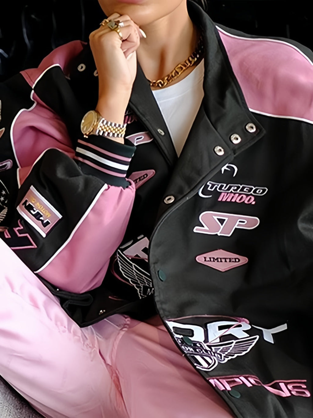 GR | Black Pink Raglan Moto Jacket with Printed Slogan
