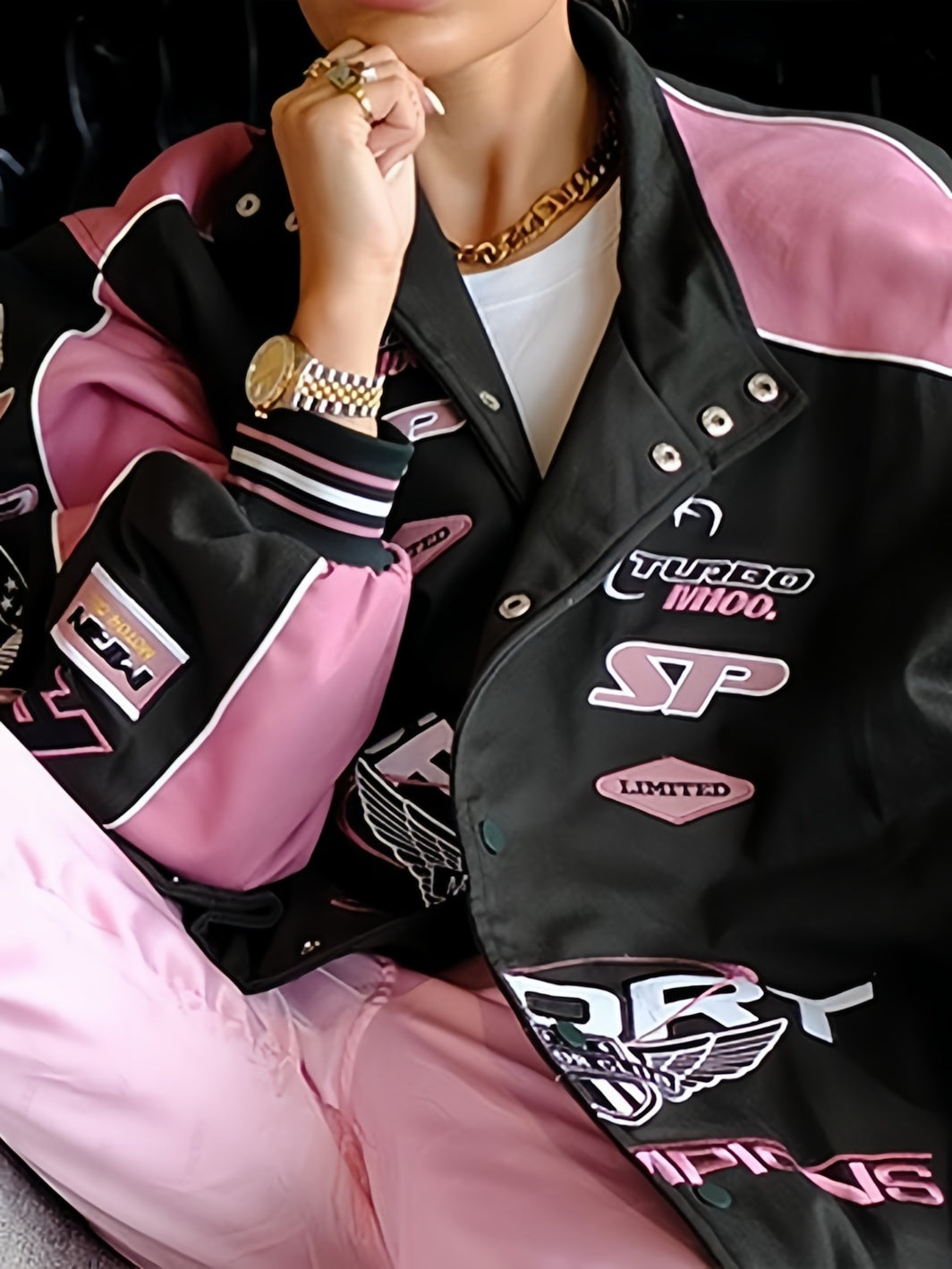 GR | Black Pink Raglan Moto Jacket with Printed Slogan