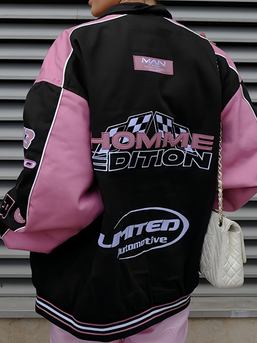 GR | Black Pink Raglan Moto Jacket with Printed Slogan