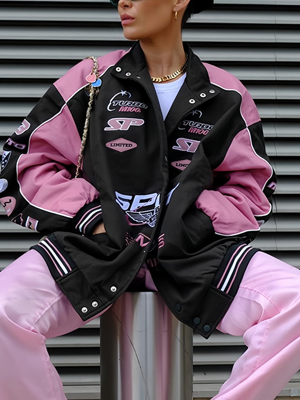 GR | Black Pink Raglan Moto Jacket with Printed Slogan