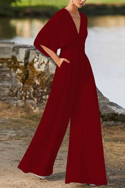 GR | Rosiedress Deep V-Neck High Waist Wide-Leg Jumpsuit