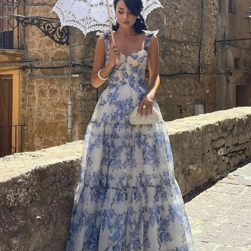 GR | Vintage Blaues Blumenprint-Schulterfreies Abendkleid