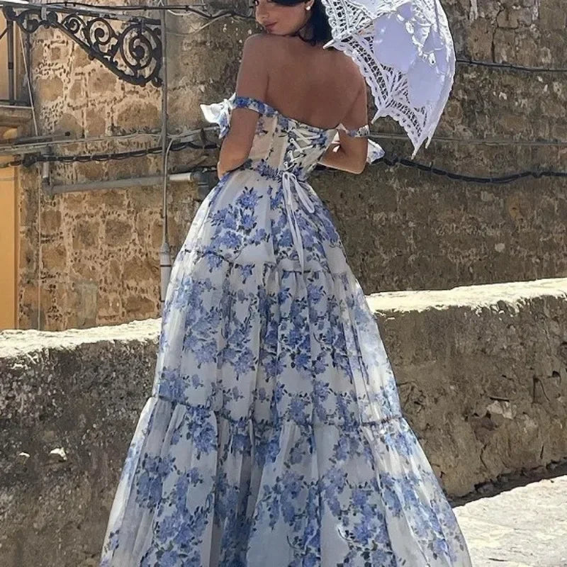 GR | Vintage Blaues Blumenprint-Schulterfreies Abendkleid