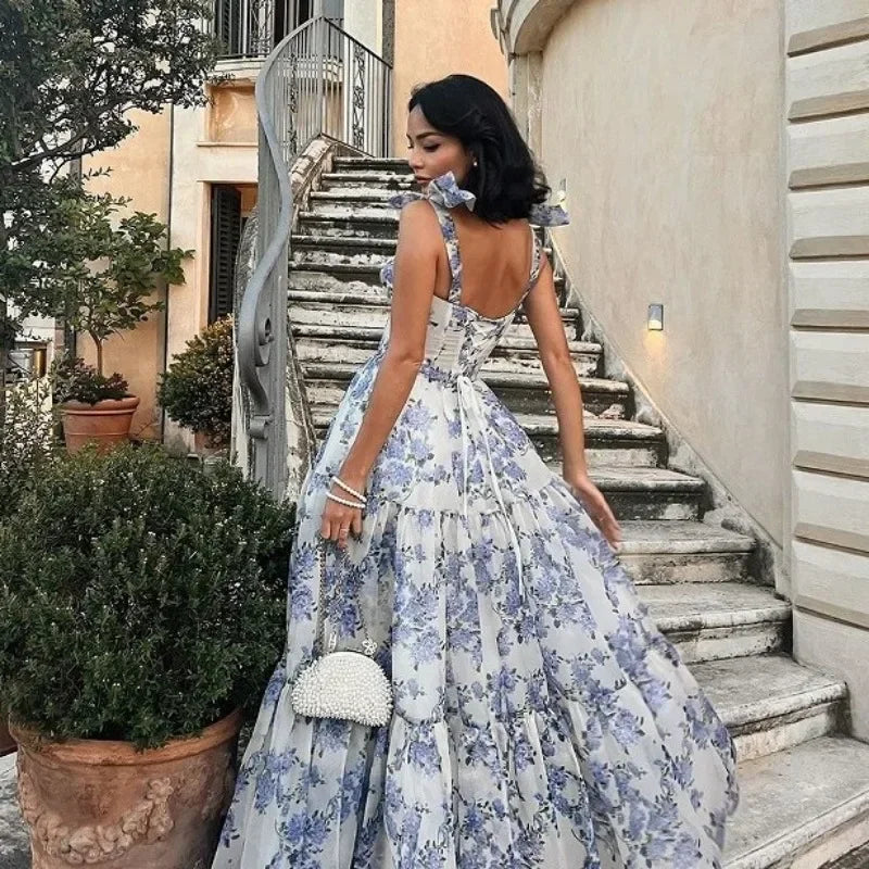 GR | Vintage Blaues Blumenprint-Schulterfreies Abendkleid