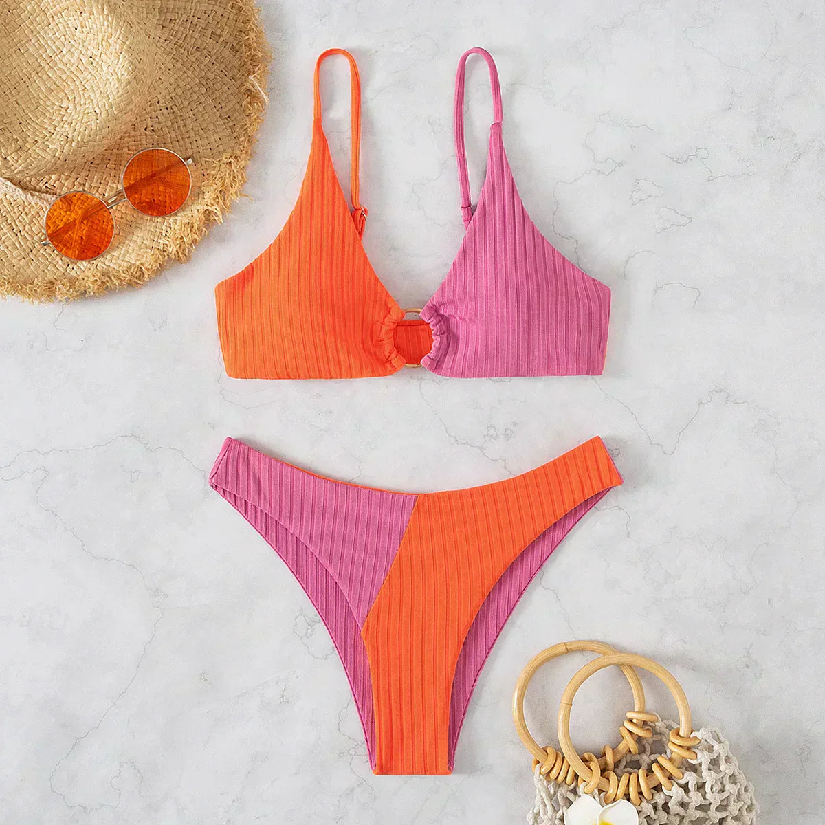 GR | Two-tone ribbed high-waisted bikini for women