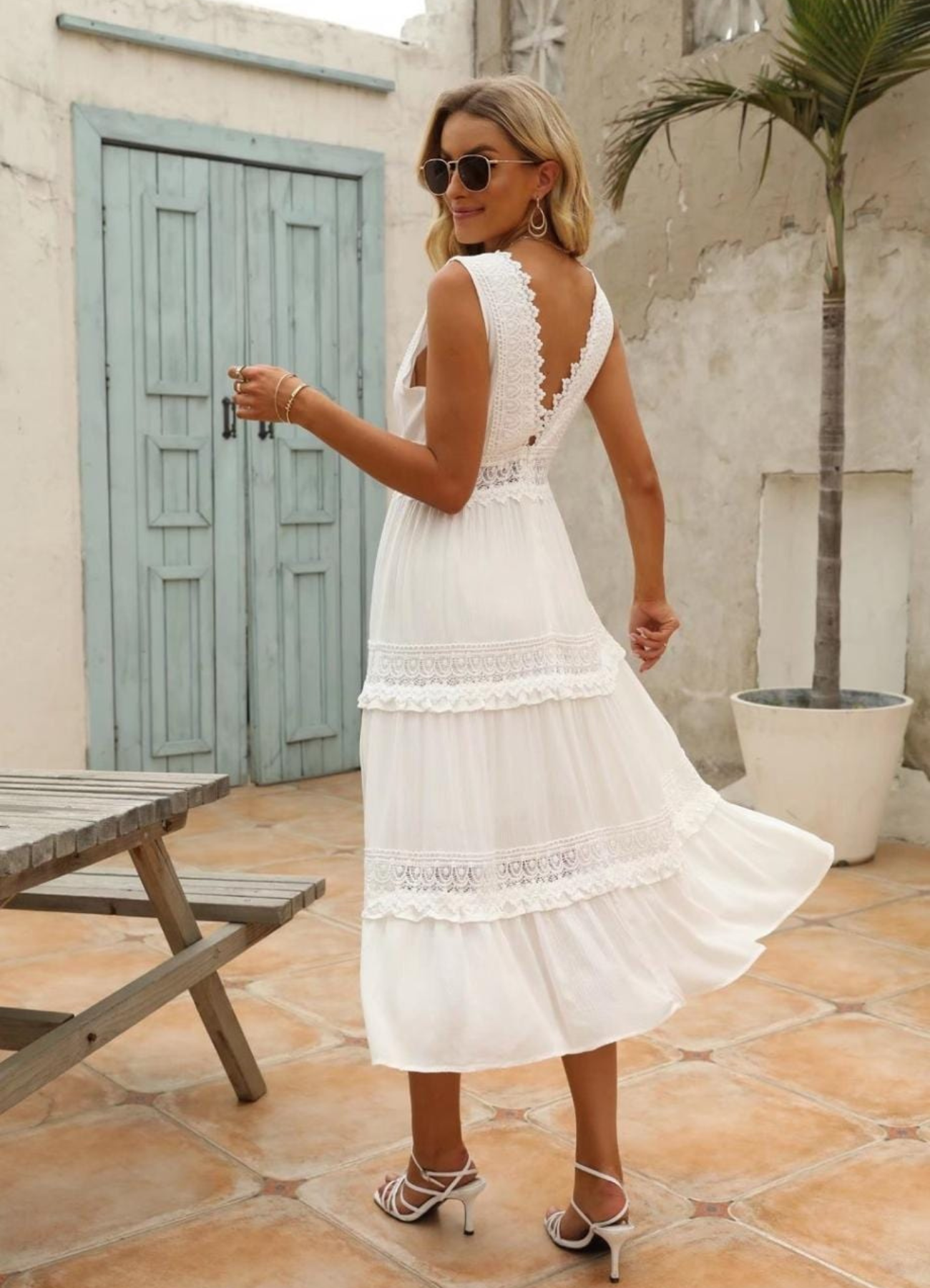 GR | Boho Lange Hochzeitskleid aus Spitze Midi