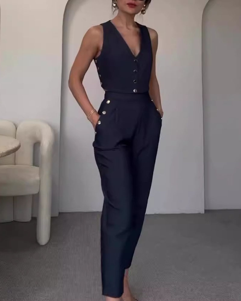 Two-piece solid-color vest and trousers