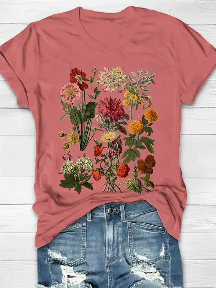 GR | Weinlese Blumen T-shirt Retro Stil Für Lässige Chic