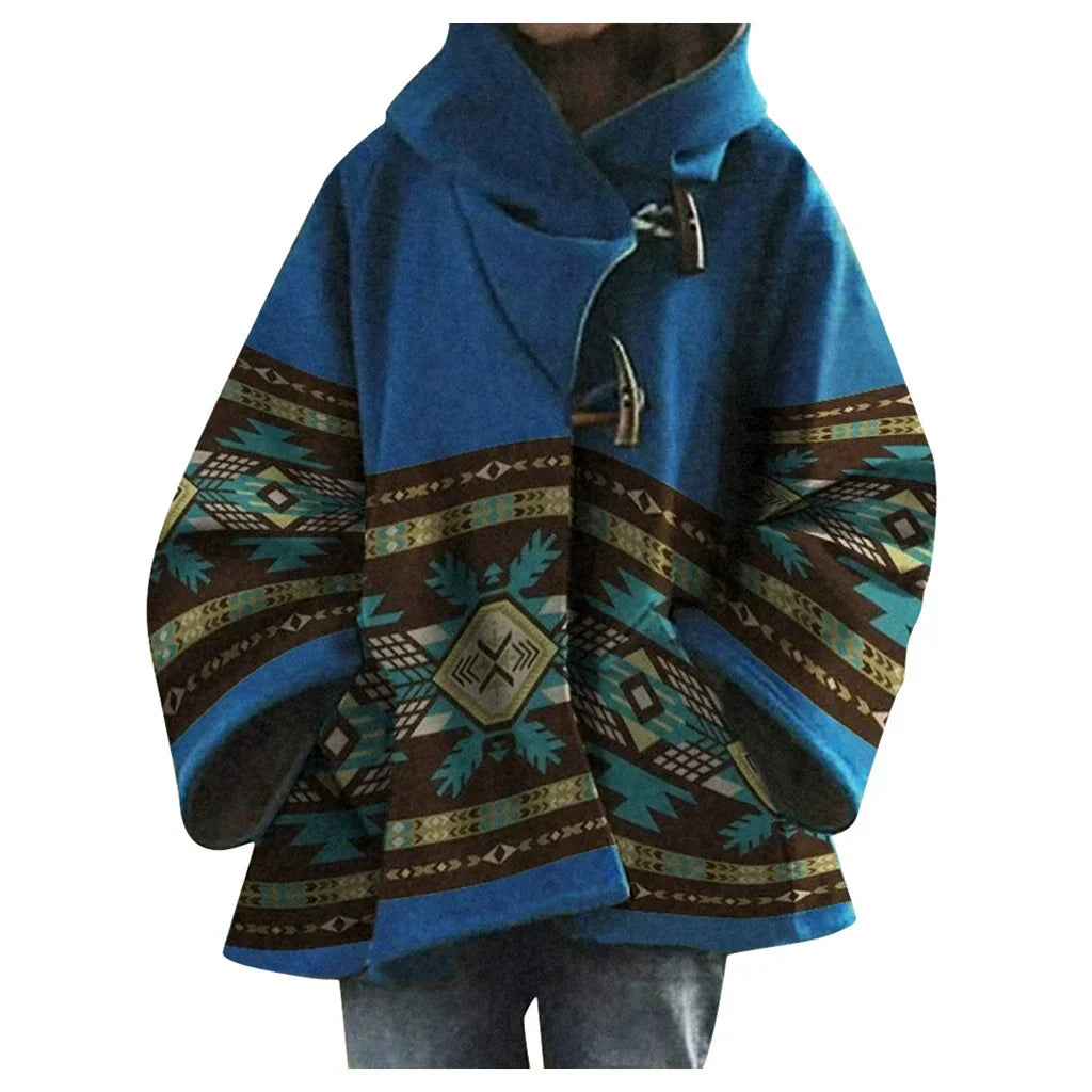 GR | Women's Coats Multicolored Printed Long-Sleeved Wool Hooded Coats