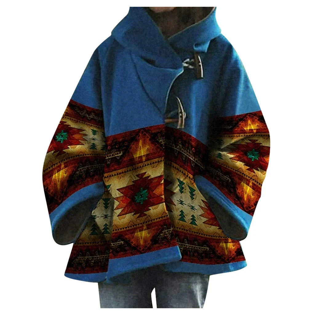 GR | Women's Coats Multicolored Printed Long-Sleeved Wool Hooded Coats
