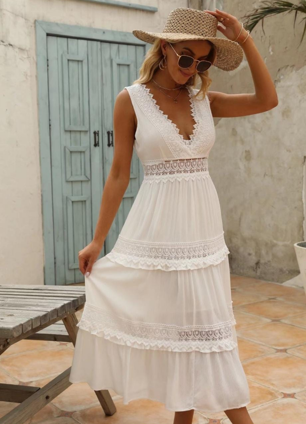 GR | Boho Lange Hochzeitskleid aus Spitze Midi