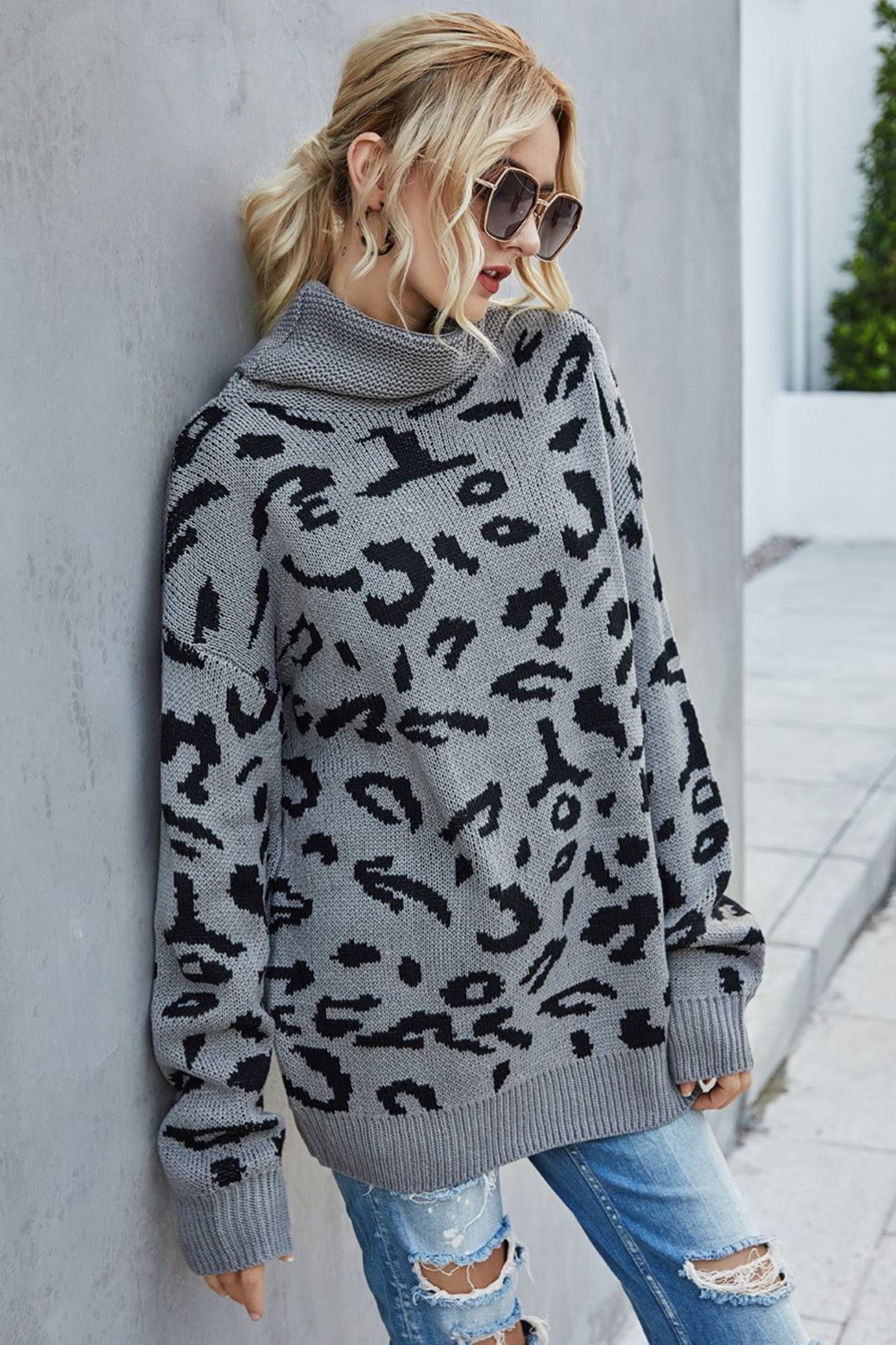 GR Loose leopard print turn-down collar sweater