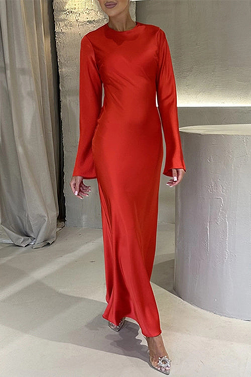 GR | Rosiedress Rundhals Lange Ärmel Satin Maxi Partykleid