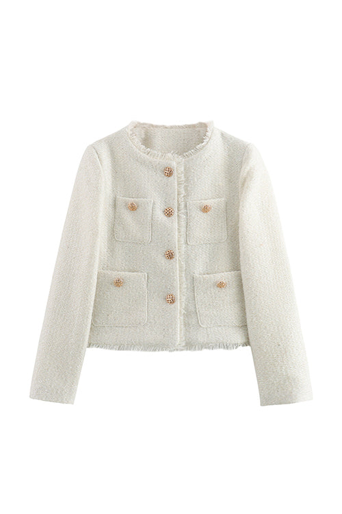 GR | Rosiedress Button Up Frayed Hem Short Tweed Jacket
