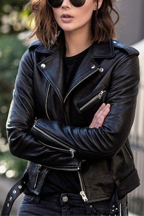 GR | Rosiedress Vintage Revers Reißverschluss Kunstleder Bikerjacke