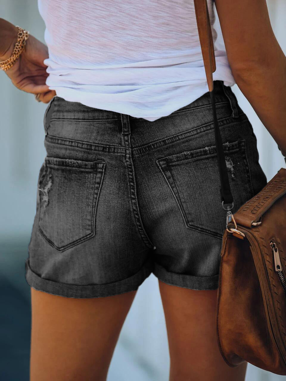 GR | Women's Denim Shorts Ripped Rolled Stretch High Waist Denim Shorts