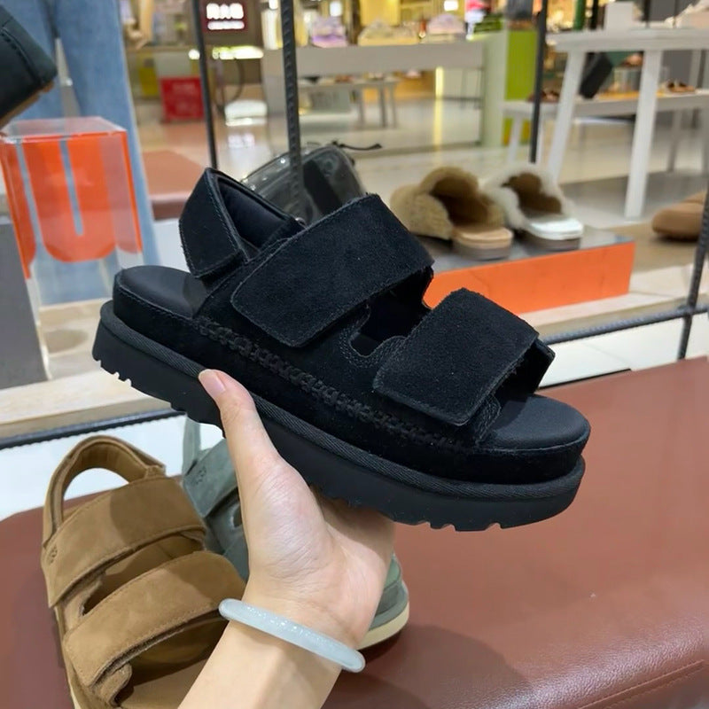 GR | Spring and Summer New Genuine Leather Thick Sole Strappy Velcro Sandals Women's Open Toe Height Increase