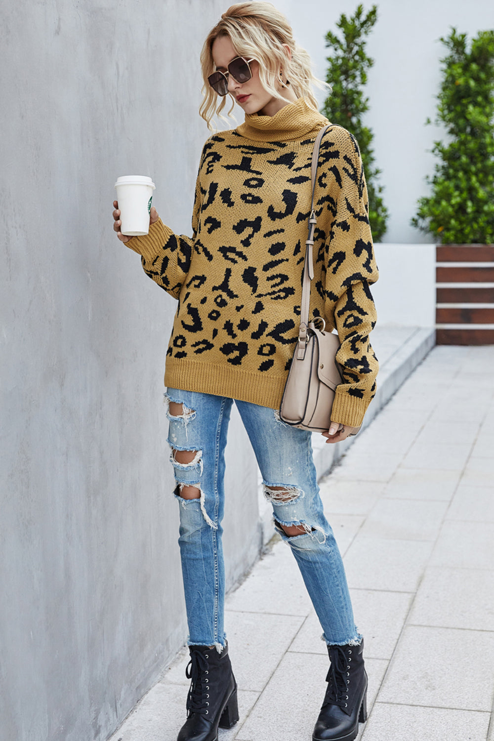 GR Loose leopard print turn-down collar sweater