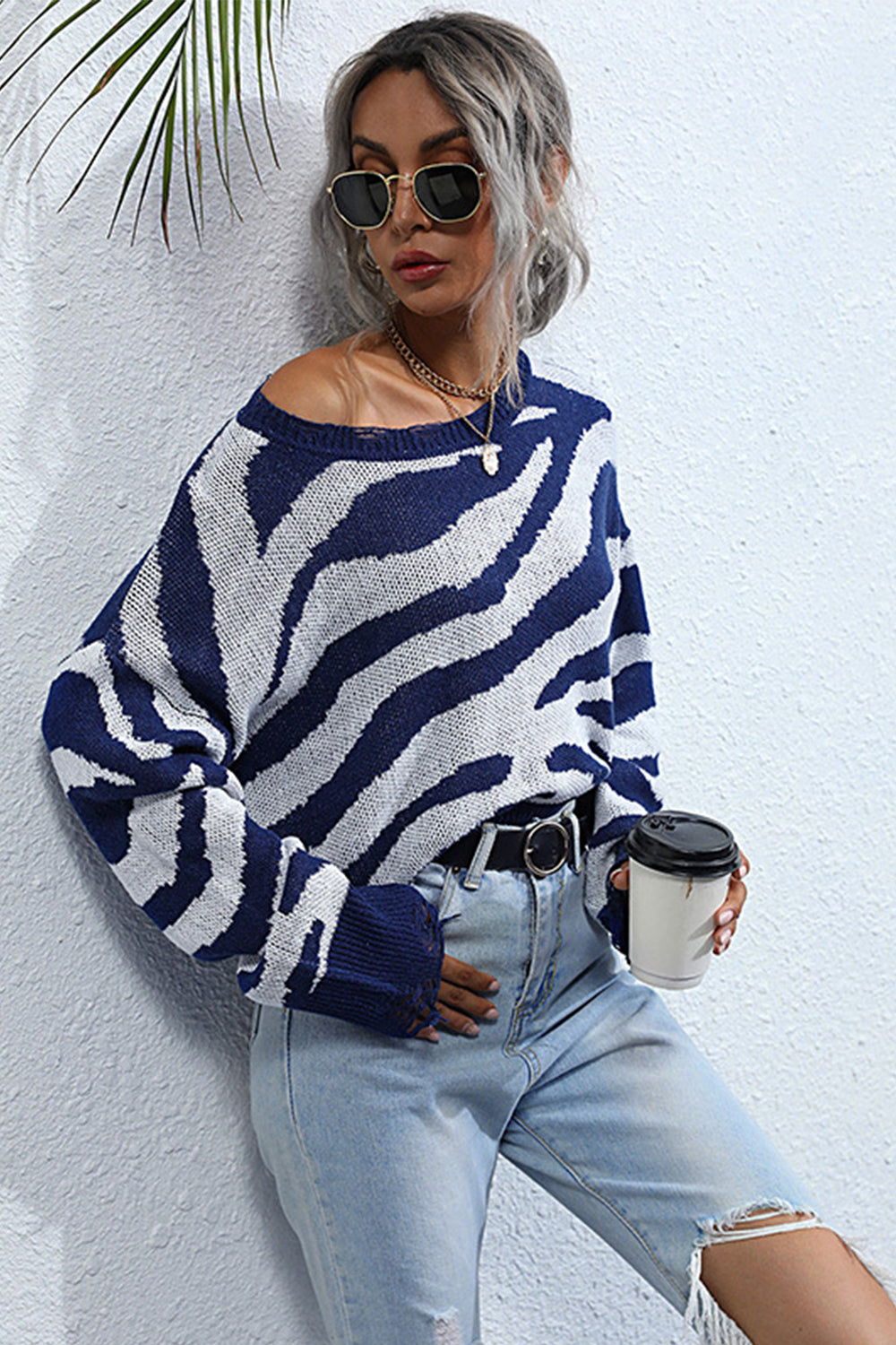 GR Striped Print Knitted Crew Neck Sweater
