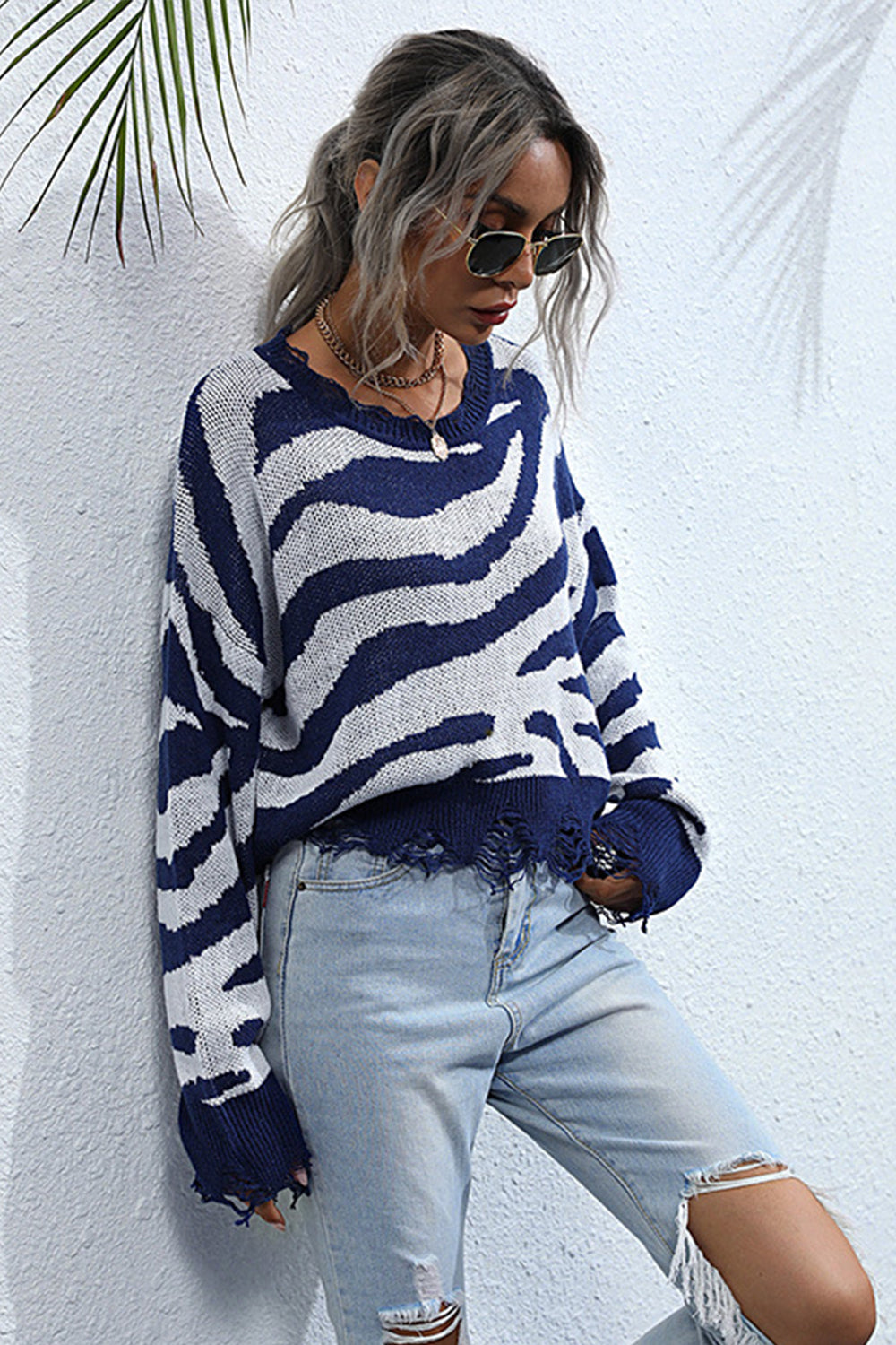 GR Striped Print Knitted Crew Neck Sweater