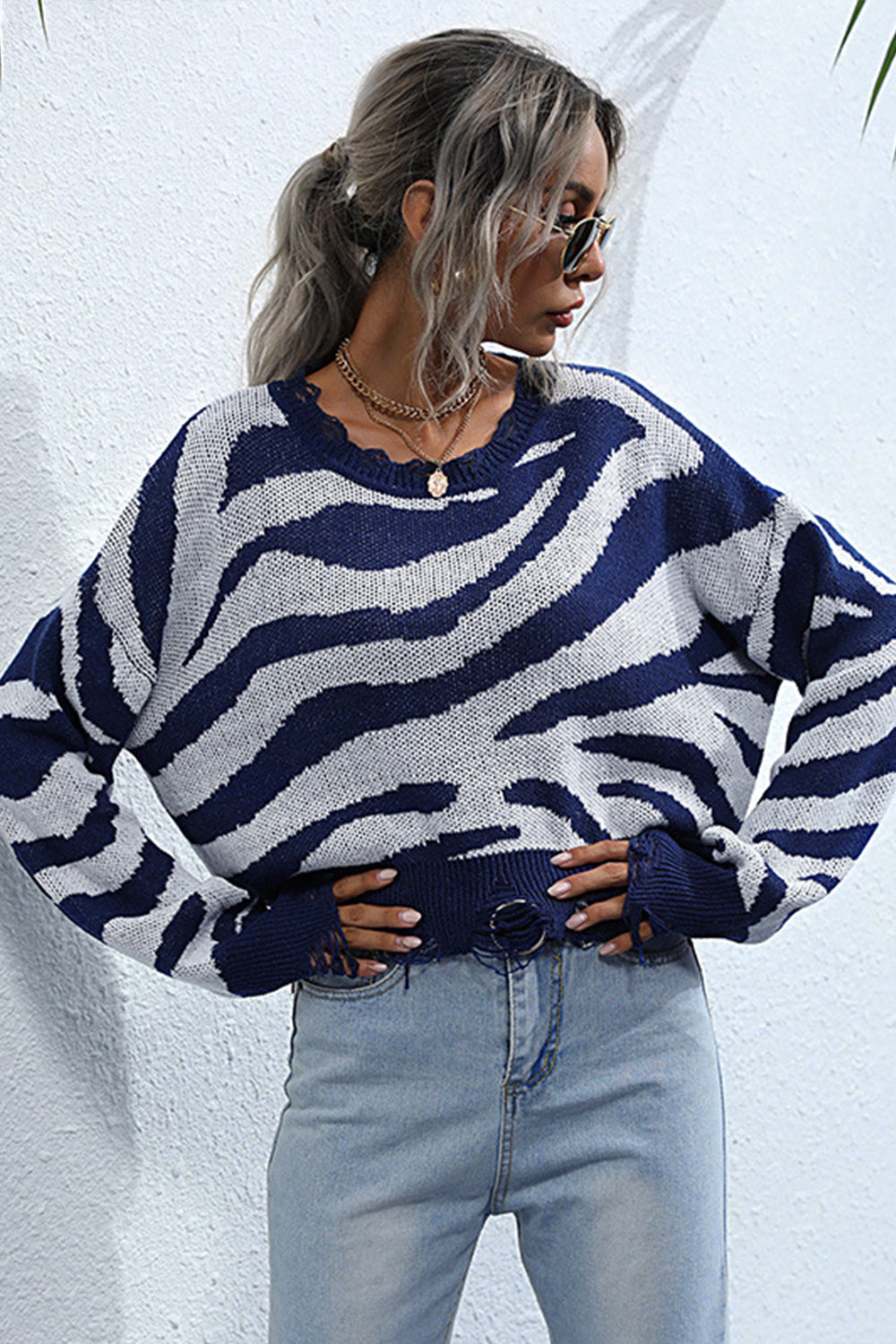GR Striped Print Knitted Crew Neck Sweater