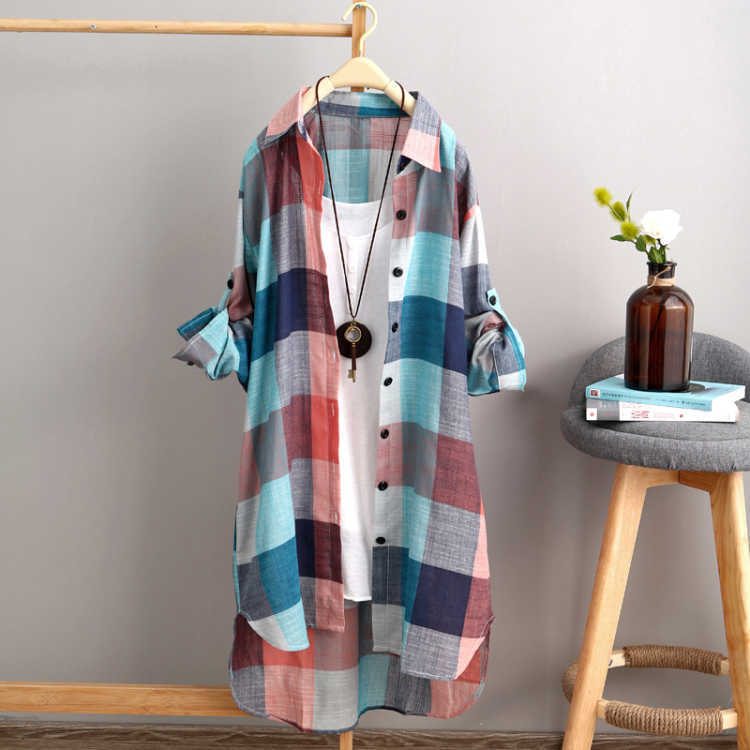 Damen lässige Karobluse im Oversized-Schnitt mit praktischen Taschen GR